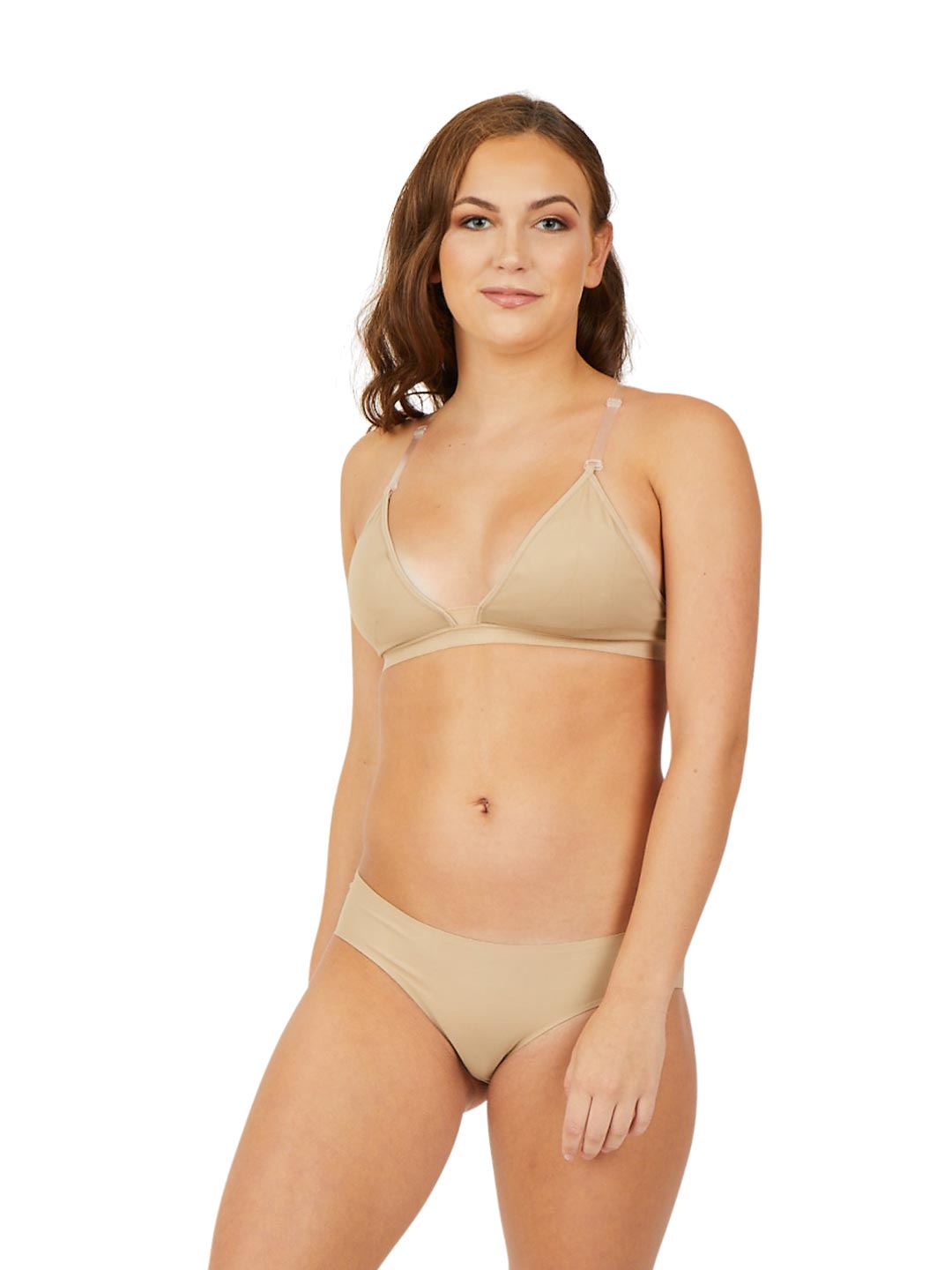 Deep neck clear back bra for girls with adjustable straps - beige